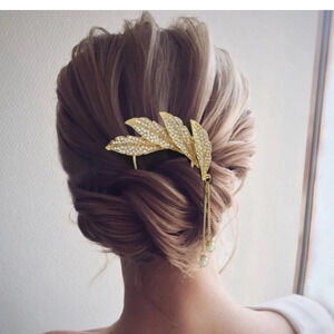 Gold Leaf Hair Pin Rhinestone Bridal Hair Accessory Elegant Updo Clip​​​​​ NWT
